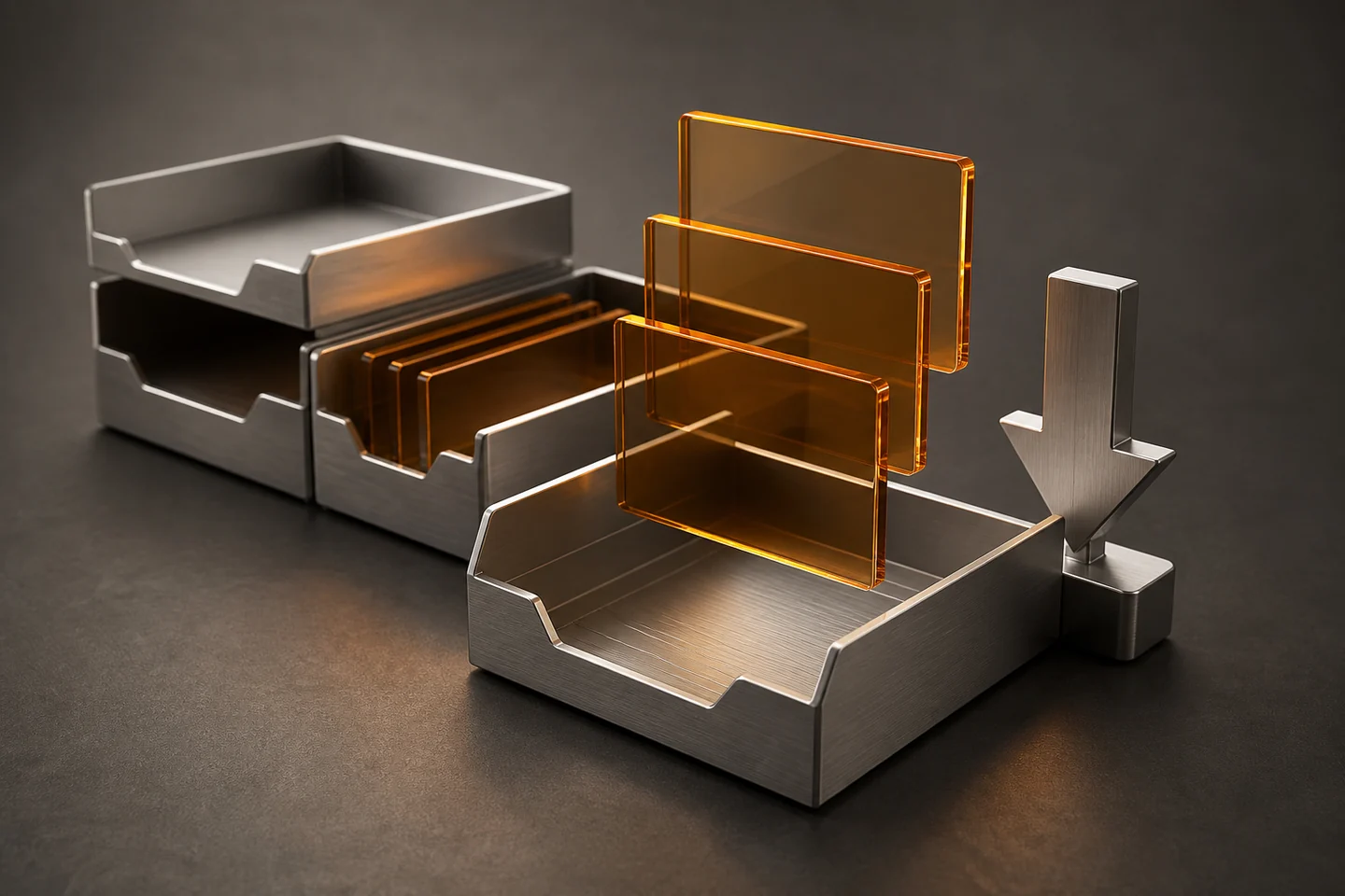 Concept illustration: amber glass documents descending into precision aluminum file trays.