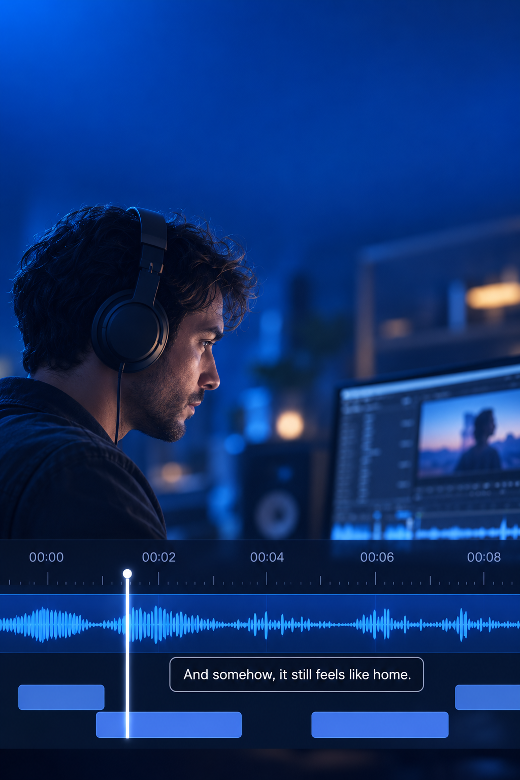 A man editing video with headphones, with an illustrative audio waveform and subtitle timeline