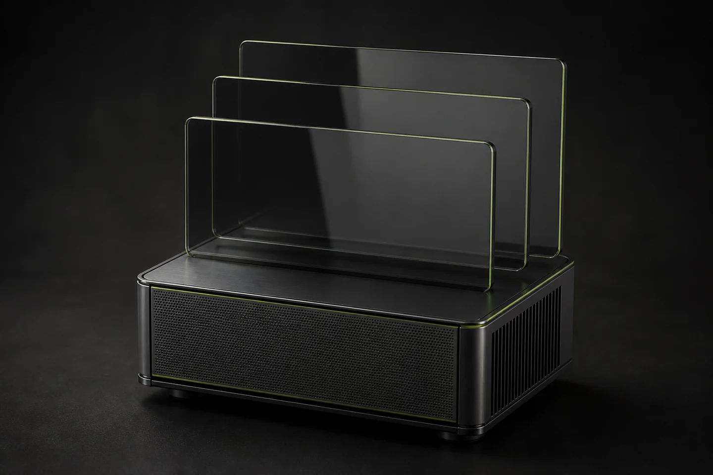Concept illustration: smoked-glass workspace windows above a compact charcoal server.