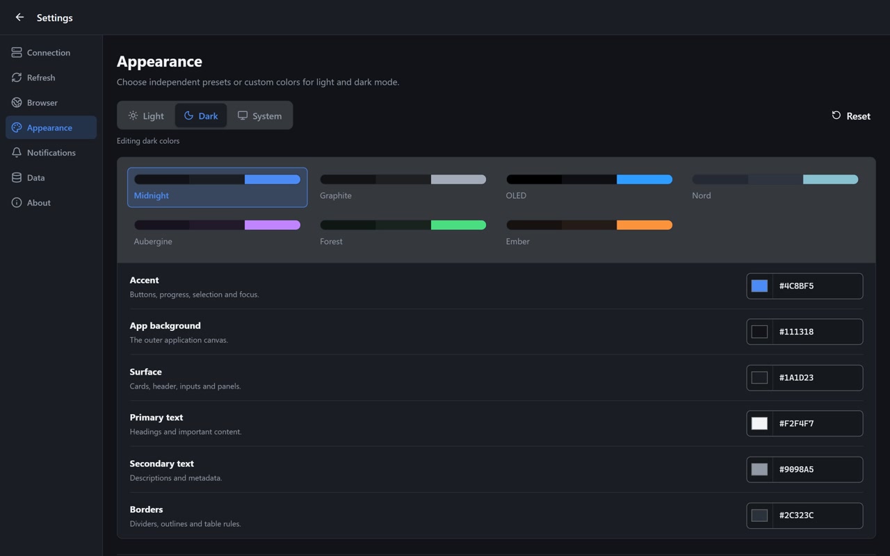 Appearance settings with dark palette presets