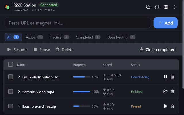 R22E Station showing downloading, finished, and paused tasks