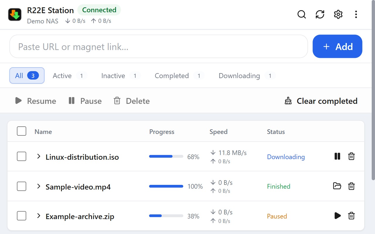 Light mode task list with downloading, completed, and paused tasks